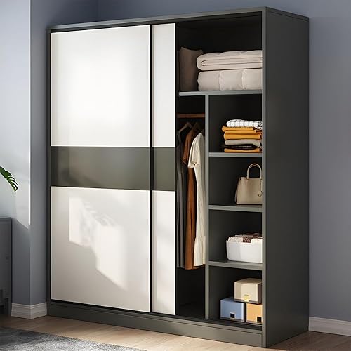 LITFAD Sliding Door Wardrobe Wooden Minimalistic Bedroom Armoires Modern Clothes Cabinet Functional Closet for Clothing with Shelves and Clothing Rods for Bedroom Storage,Black-55 L x 18" W x 71" H