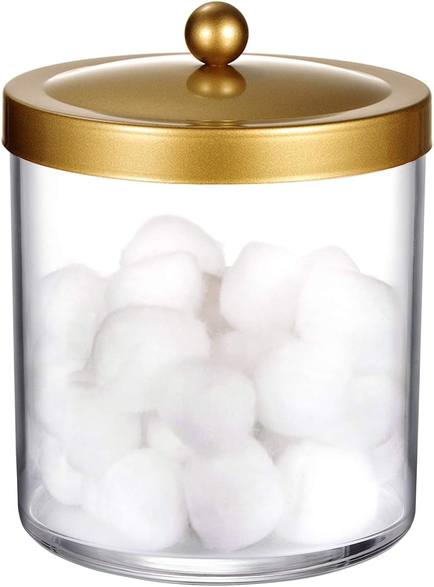 Premium Quality Apothecary Jar - 50 Ounce Large Clear Plastic Storage Container Jar with Rust Proof Stainless Steel Lid, Bathroom Vanity Countertop Storage Organizer Canister (Gold)