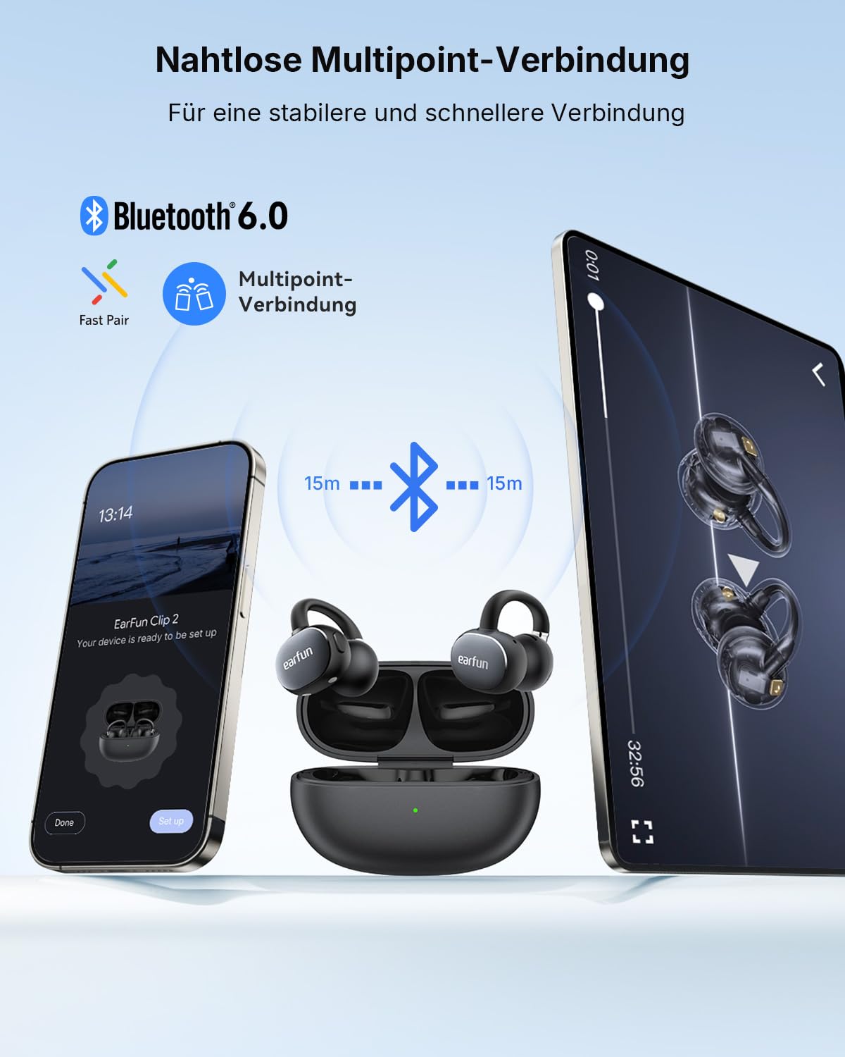 EarFun Clip 2 Open Ear Kopfhörer, Bluetooth Clip On Earbuds, 12 mm Titanium-Treiber, Hi-Res Audio, LDAC, 4 Mikrofone KI-Anrufe, 40 Std. Akku, IP55, Kabelloses Laden