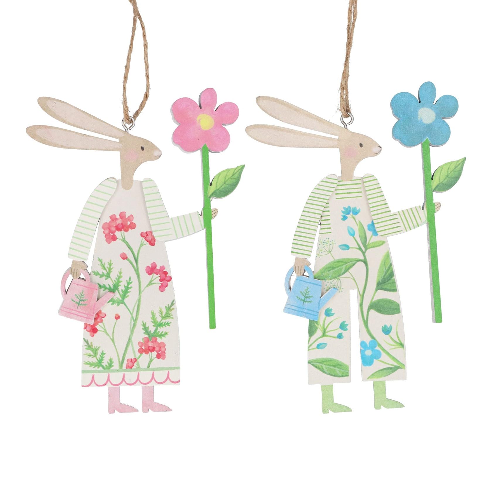 Gisela Graham Floral Hare Wooden Hanging Decorations, Set of 2 Easter Hare Ornaments with Jute String, Spring Home Décor
