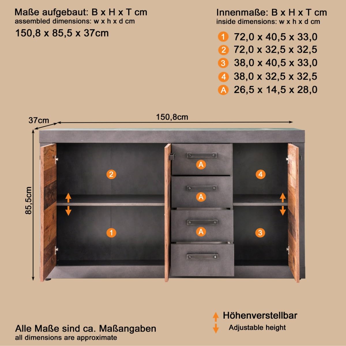 trendteam smart living - Indy - Kommode - Graphit Grau/Alteiche - 4 Schubladen, 4 Fächer - (BxHxT) 151 x 86 x 37 cm - Sideboard in rustikaler Optik