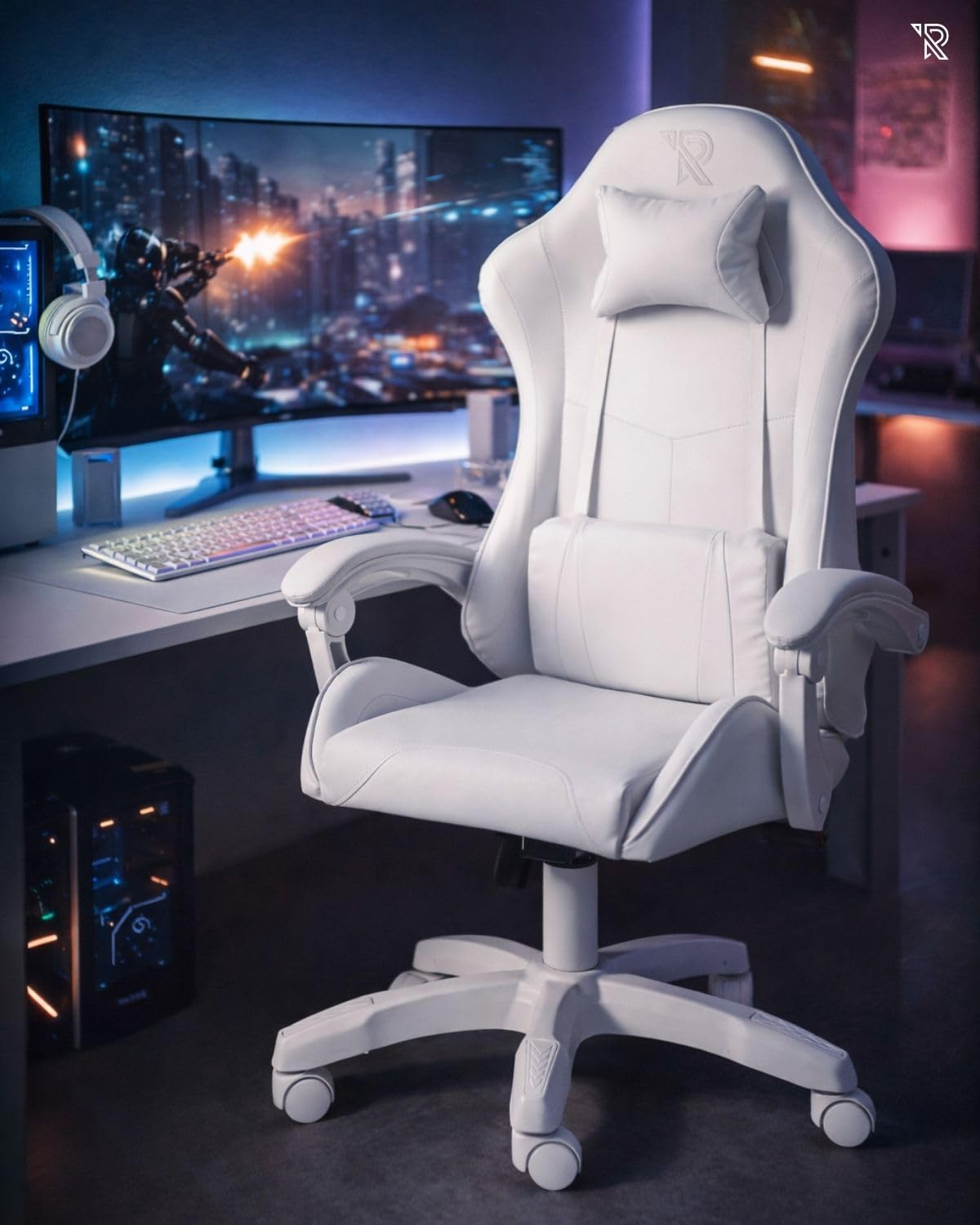 Apollo Silla Gaming Ergonómica con Respaldo Ajustable, Apoyabrazos, Cojines Lumbar y Cervical, Cuero Sintético Negro, Giratoria 360°, Diseño Moderno y Cómodo para Jugadores, Blanco