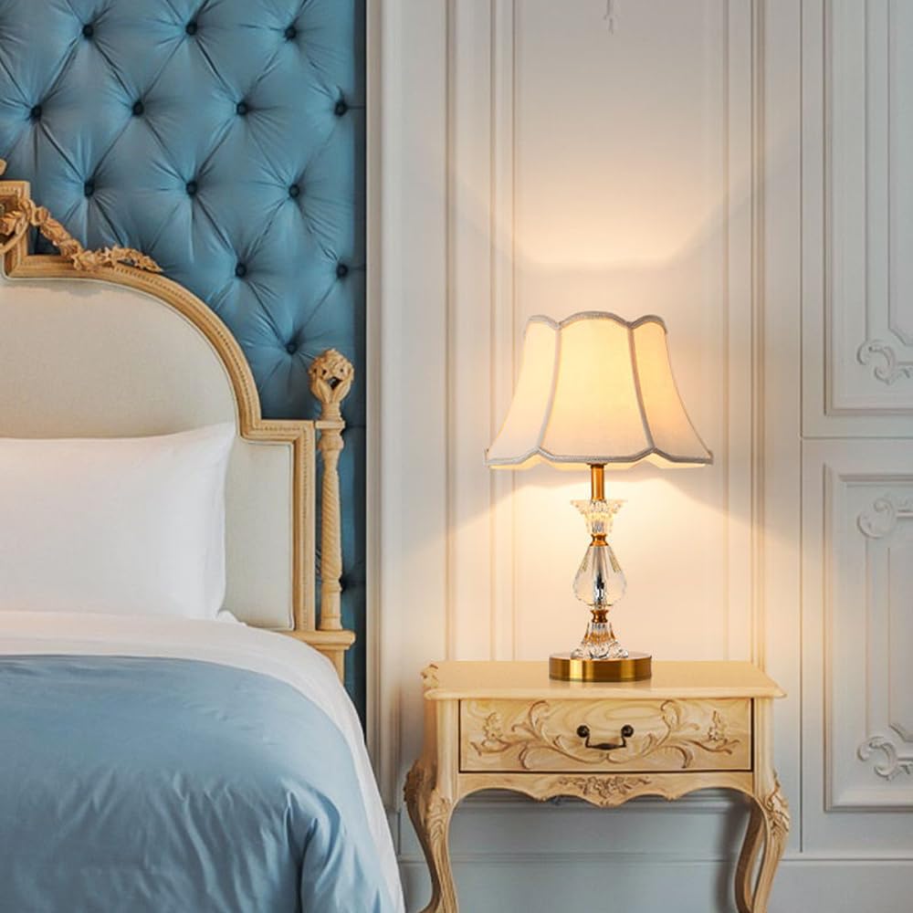 Mengjay Lampada da Comodino in Cristallo,Vintage Lampada da Tavolo con Paralume in Tessuto,Lampada da Lettura,Abat-Jour da Comodino E27,Moderna Lampada da Scrivania per Camera da Letto,Soggiorno