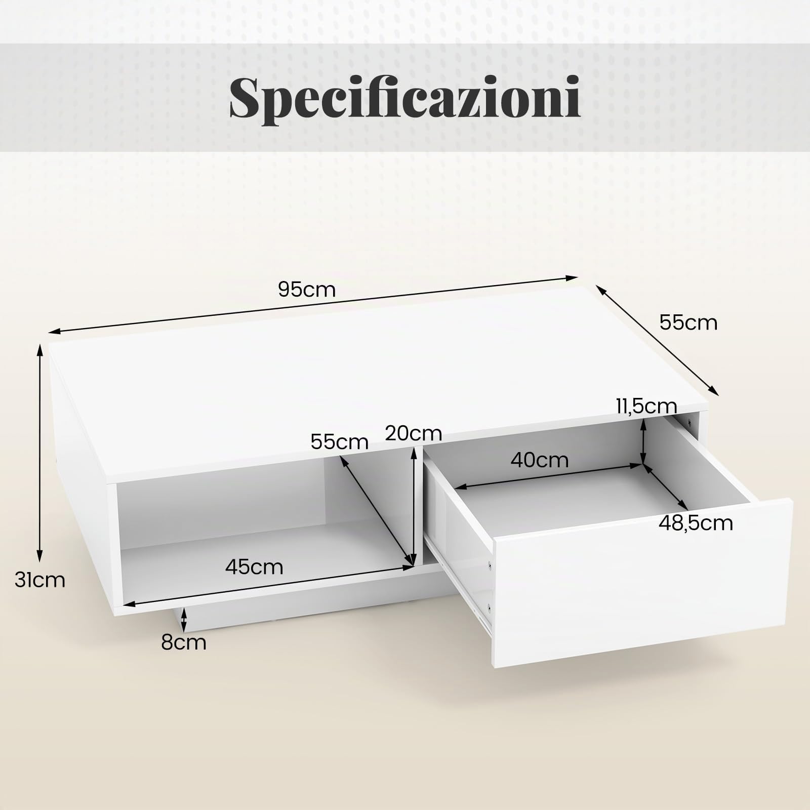 RELAX4LIFE Tavolino da Caffè Moderno 95x55x31cm, con 20 Luci LED Regolabili e Telecomando, in Legno con Finitura Lucida, Cassetto a Pressione e Ripiano Aperto, per Soggiorno, Max 65kg (Bianco)