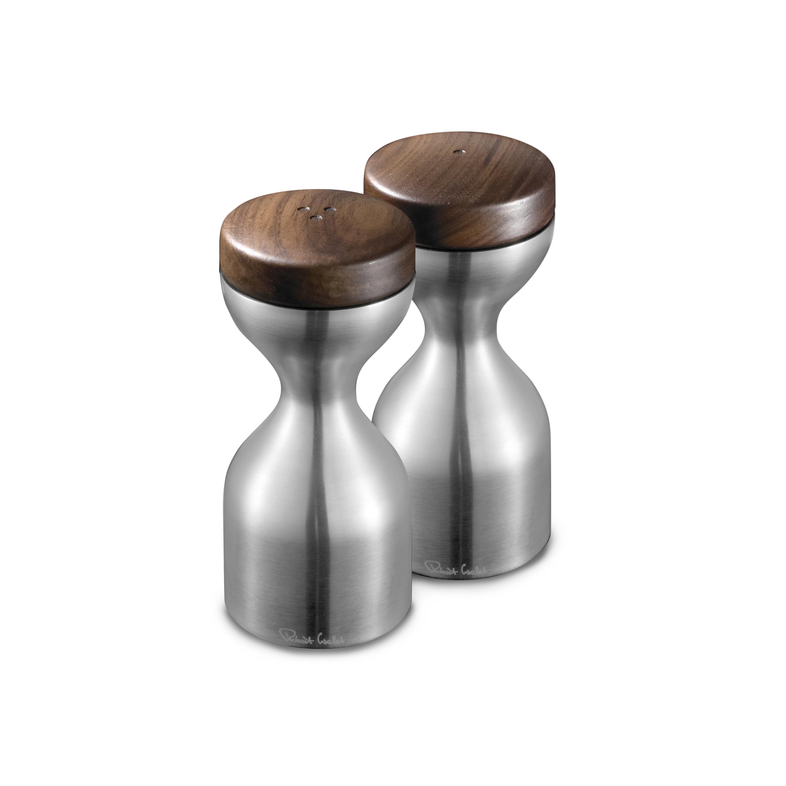 Robert Welch Limbrey Satin Salt & Pepper Mills Set. Made from 18/10 Stainless Steel, Walnut Top. 10 Year Guarantee