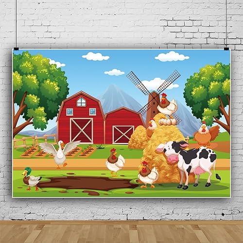 Miniatura 2 de Telón de fondo rojo de granja de animales de granja para niños, decoración de fiesta de primer cumpleaños, dibujos animados, granero, vaca, fondo de