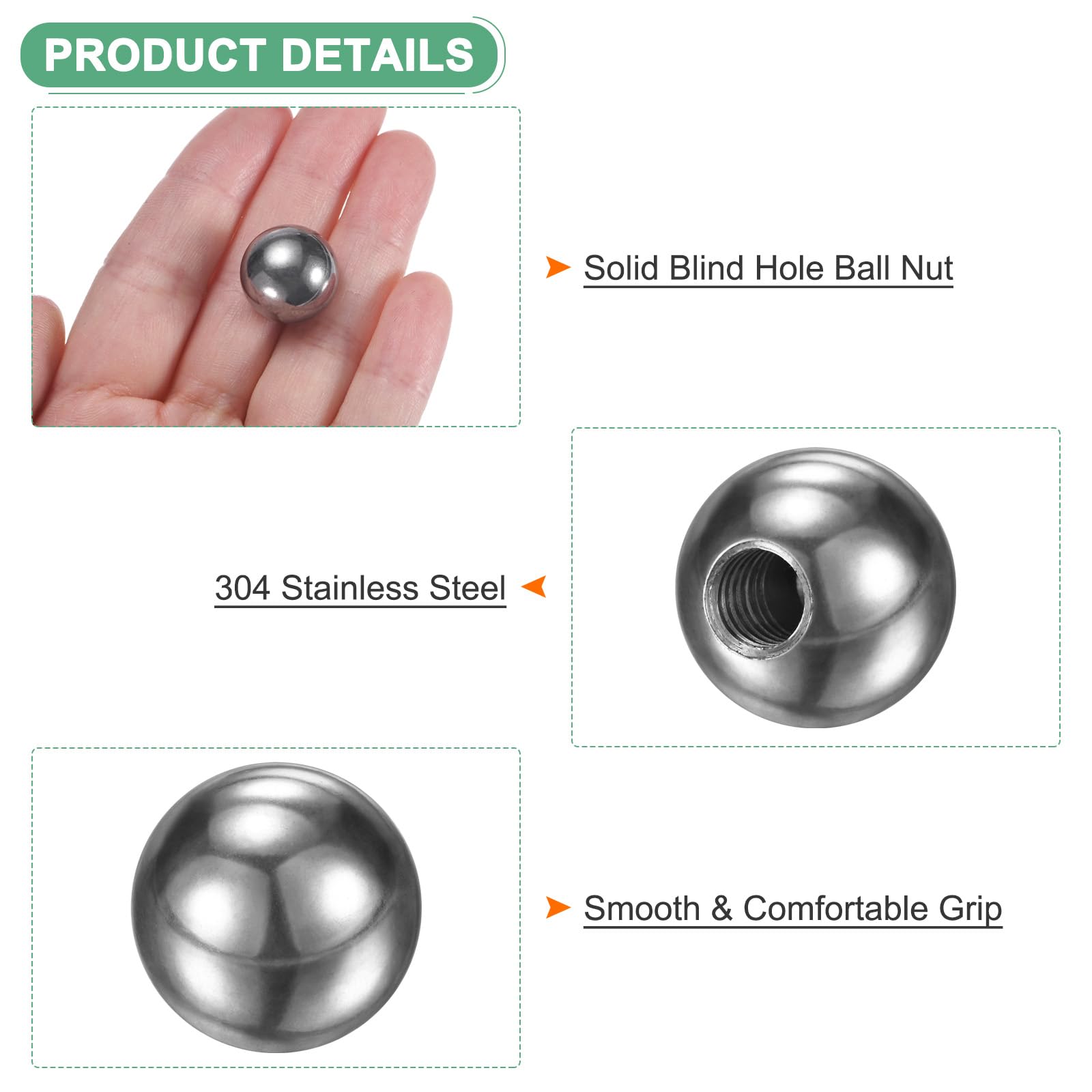 M METERXITY 4Pcs Pomelli A Sfera Filettati, M6x16mm 304 Acciaio Inossidabile Filettatura Femmina Tappo A Sfera Per Illuminazione/Macchinari/Fai Da Te, Tondo Tappo A Vite [Argento]