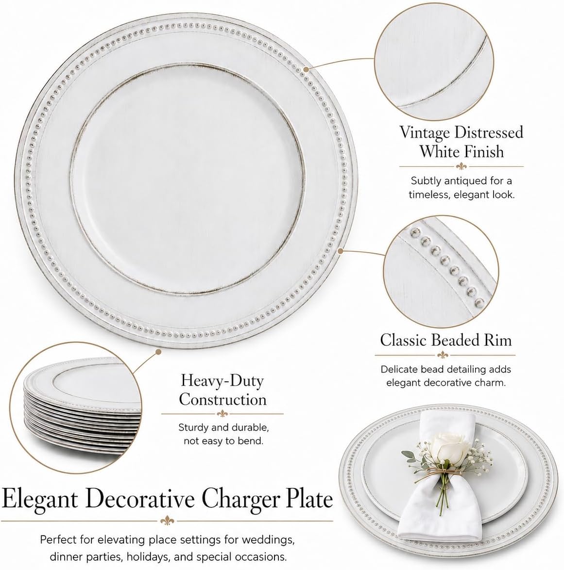 12PCS Vintage White Charger Plates Bulk- 13in Beaded Rim Reusable Chargers