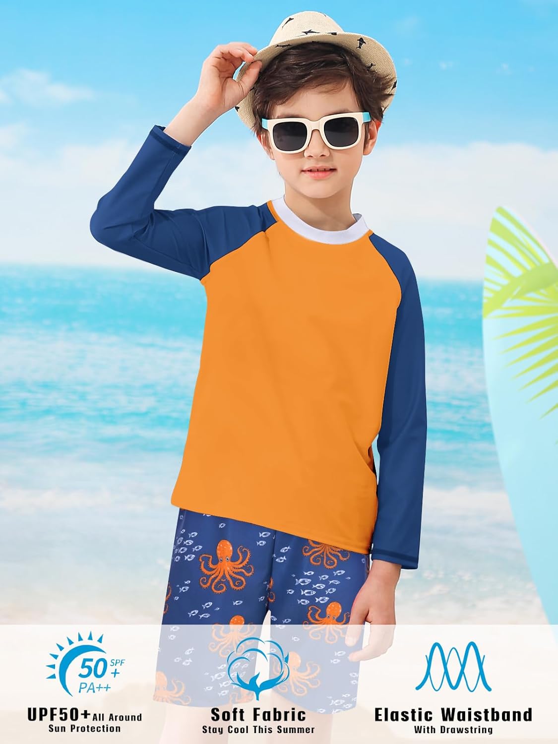 Boys Long Sleeve Rash Guard Swimsuit Kids 2-Pieces Bathing Suits Set