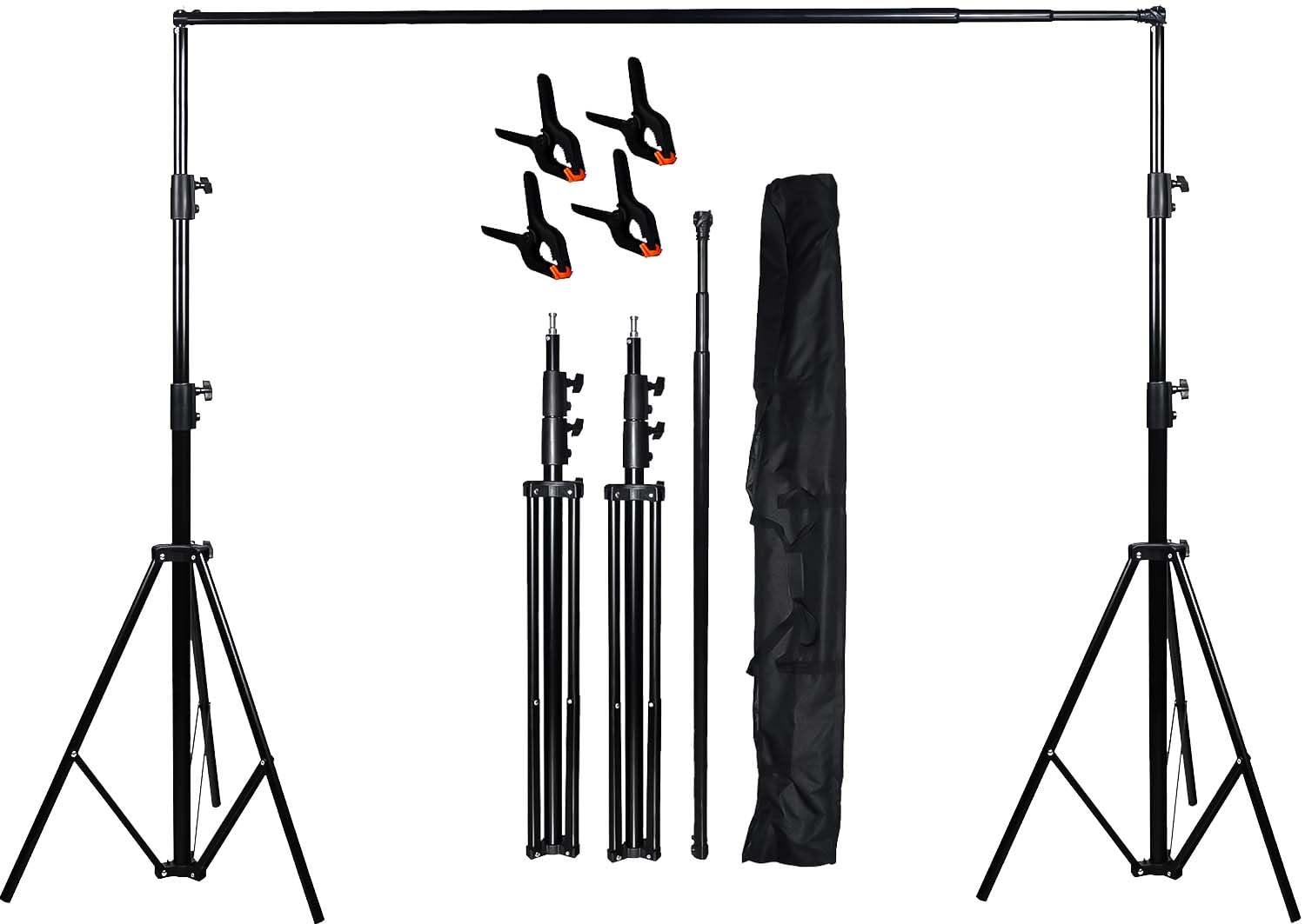 COOPIC S06 Heavy-Duty Adjustable Backdrop Stand – 280 cm Height, Crossbar Extendable 125–305 cm, Max Load 14 kg, with 4 Background Clips – Photography & Video Studio Support System