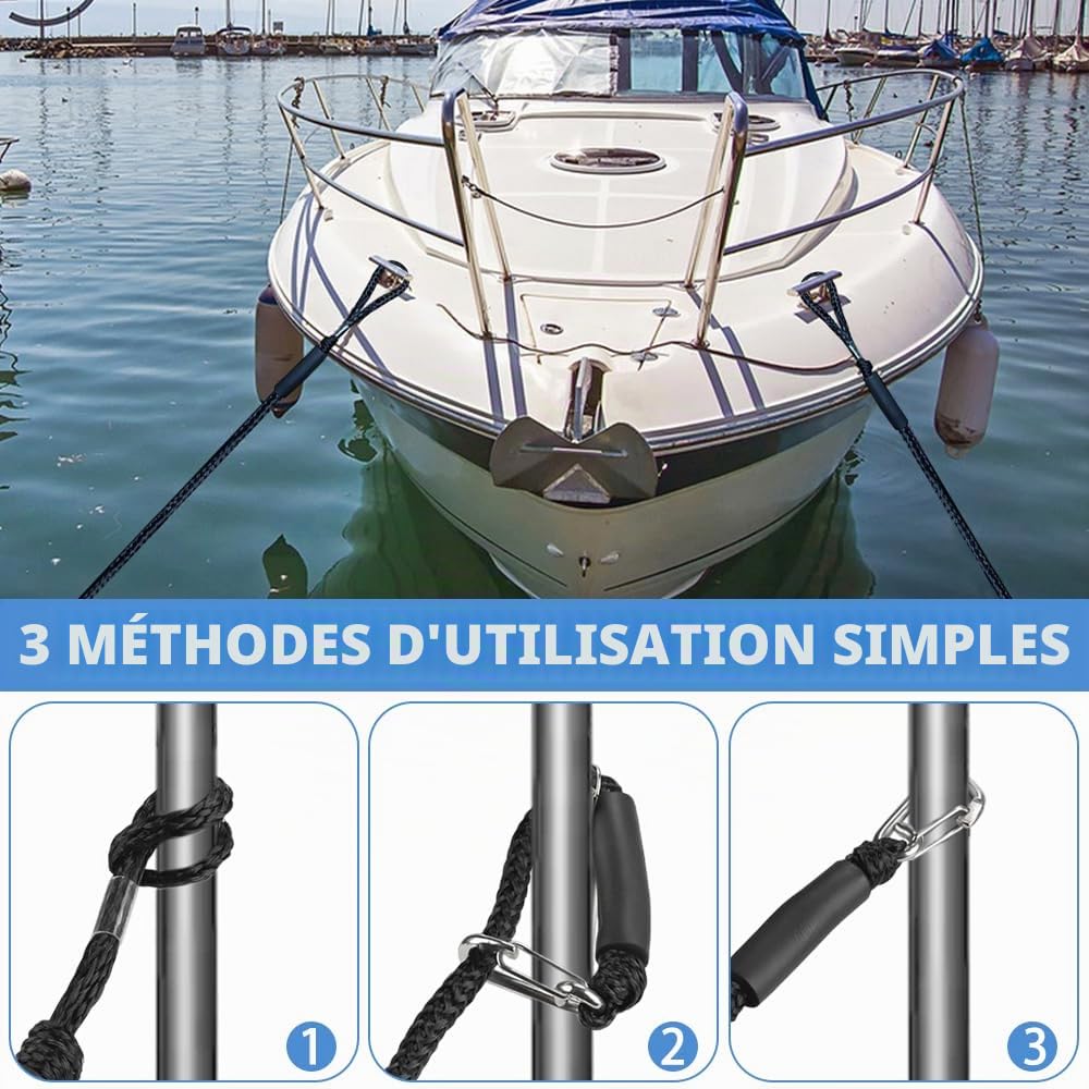 2 Pcs Cordon Bateau, Bungee Dock Line avec Crochet, Double Corde de Dock Tressée, Corde Élastique Amarre pour Bateau Accessoires pour Bateaux, Jet Ski, Ponton, Kayak (Noir)