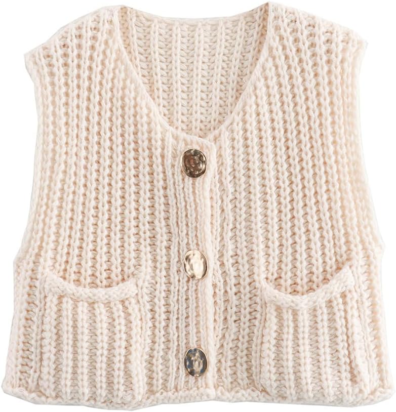 Women Button Down Oversized Cropped Knitted Sweater Vest Sleeveless Casual Open Front Chunky Knit Top with Pocket