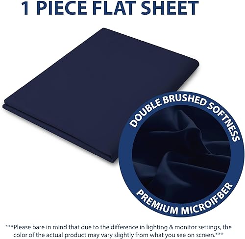 Miniatura 4 de Cathay - Sábanas planas de seda individuales de suave poliéster de lujo, Azul marino, Completo
