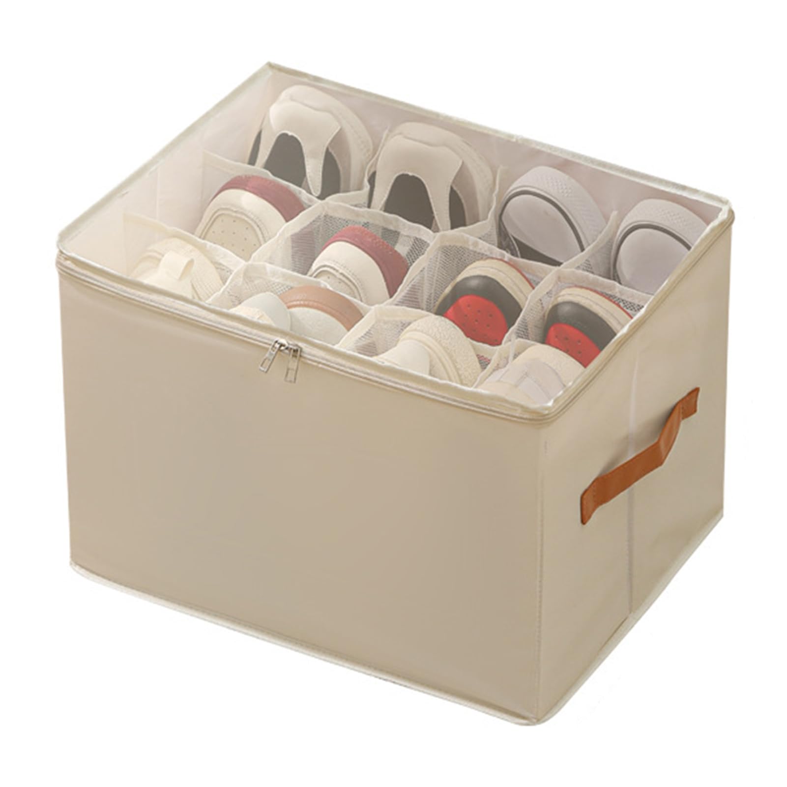 Qinlenyan Organizador de zapatos de tela que ahorra espacio, con tapa, cierre de cremallera, caja grande para zapatos, múltiples compartimentos, organizador de almacenamiento de zapatos, color beige