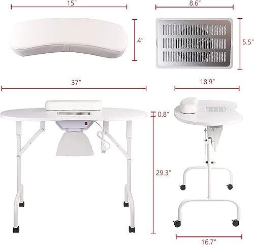 Miniatura 7 de LEIBOU Mesa de uñas plegable portátil de 37 pulgadas mesa de manicura movible grande para salón de belleza con bolsa de transporte de ventilador de