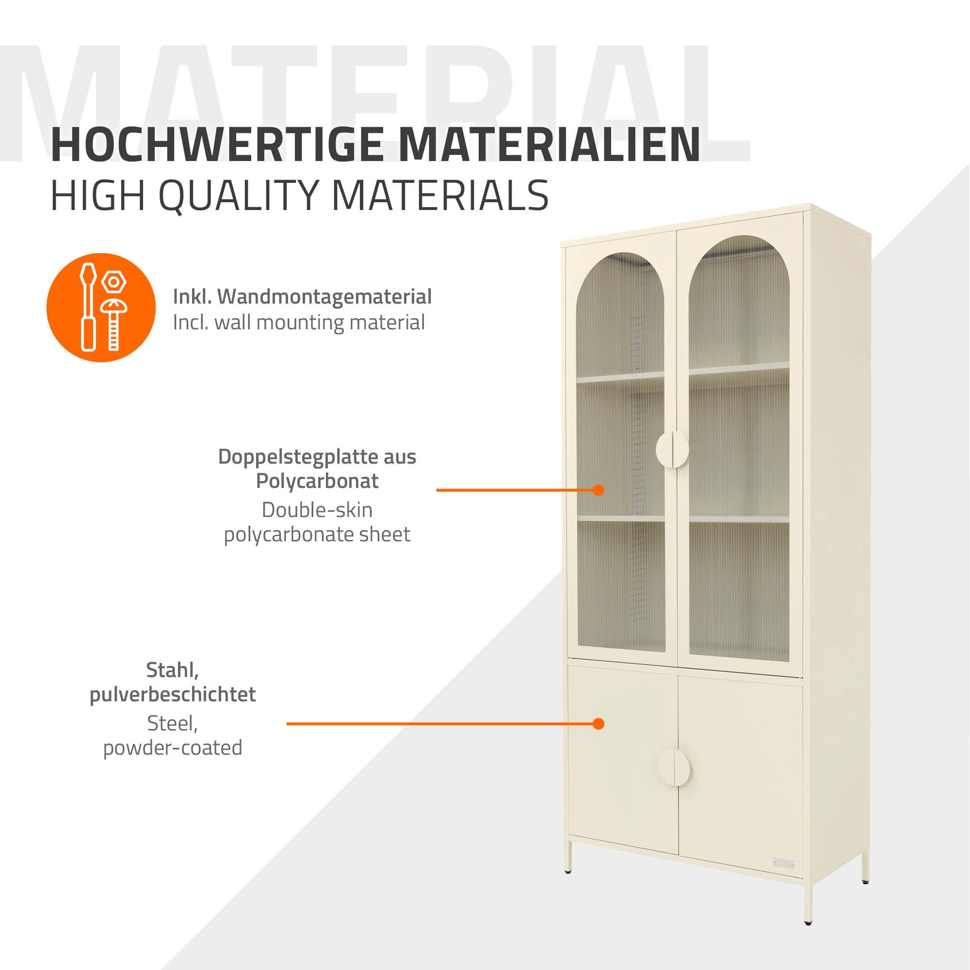 ML-Design Vitrinenschrank 80x185x40 cm aus Stahl, Creme, Küchenschrank mit 4 Ablage-/Regalfächer & 4 Türen, Metall Vitrine Hochschrank Bücherschrank Aktenschrank, Aufbewahrungsschrank für Wohnzimmer