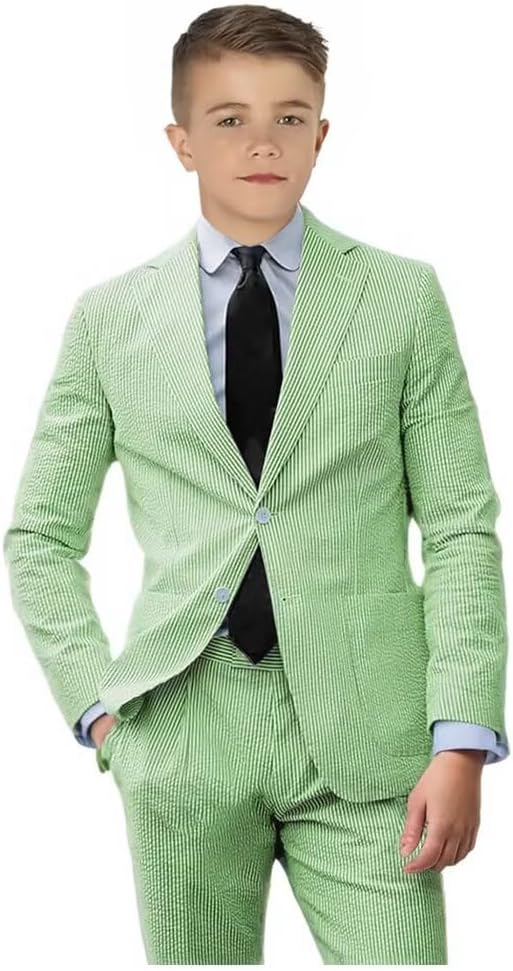 Boy's Seersucker Suit 2 Piece Lightweight Suit for Beach Wedding Ring Bearers Boy Tuxedos Blazer Pants Set