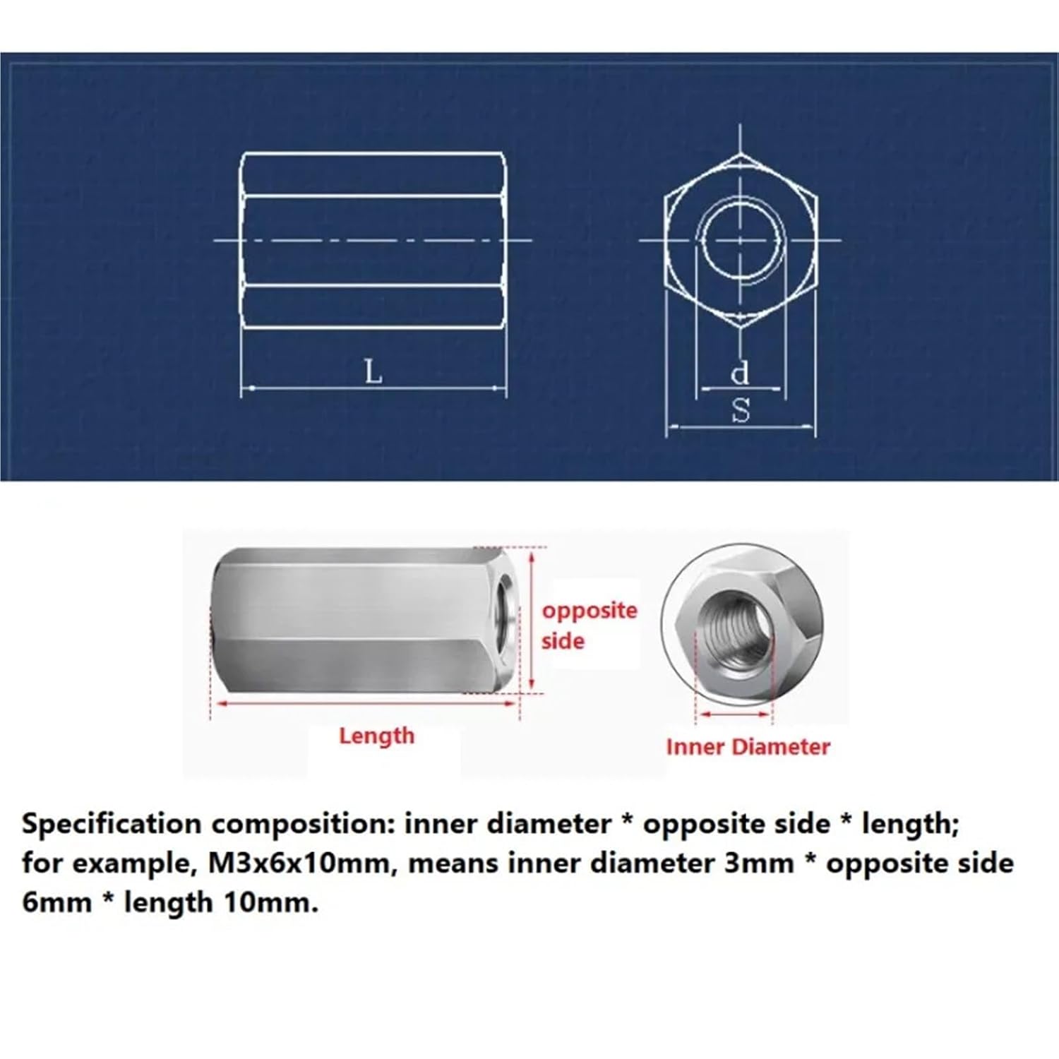 304 Stainless Steel Hexagon Hex Extended Long Rod Coupling Nut Connector Joint Tubular M3 M4 M5 M6(M6x10x40mm-5pcs)