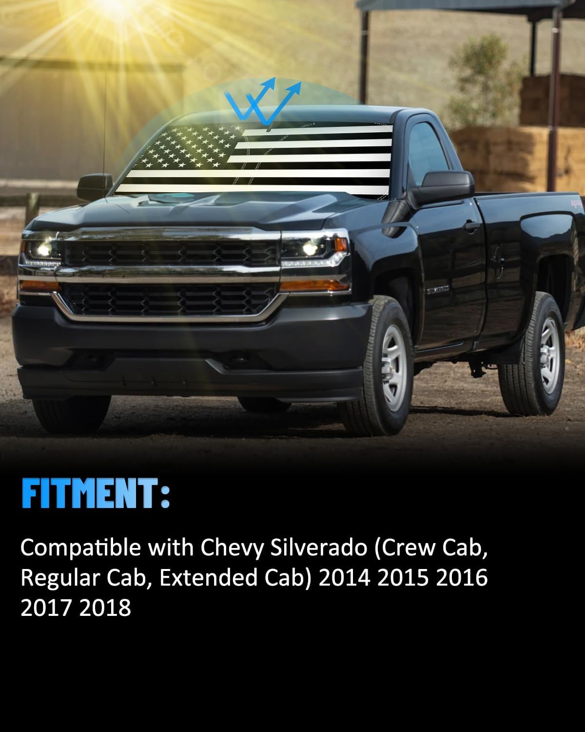 B&W American Flag Car Windshield Sun Shade Compatible with Chevy Silverado 2014-2018 - Foldable Reflective USA Patriotic Window Sunshade for UV Protection & Heat Reduction