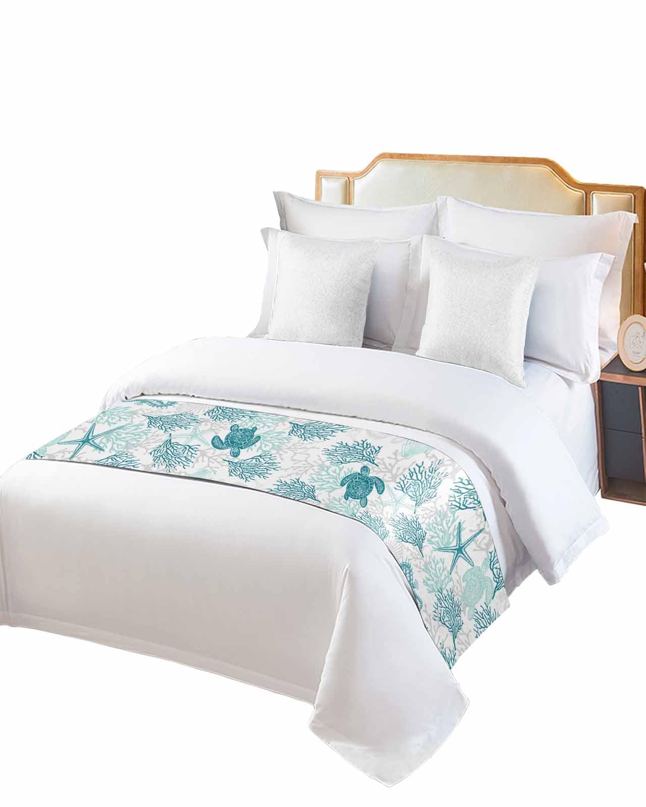 Turquoise Coastal Bed Runner for Full/Queen Size Bed, Bedspread Protector Slipcover Bed Scarf for Foot Bed Runners & Scarves for Bedroom Hotel Wedding Room 83x20 Sea Turtle Nautical Coral Summer Beach