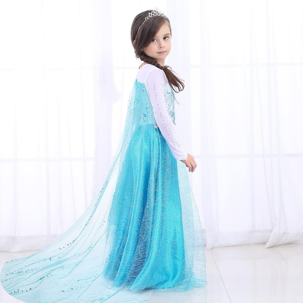 URAQT Costume di Elsa, Set da Principessa Elsa Corona Bacchetta Guanti Treccia, Costume di Cosplay Party Halloween Costume Abito delle Ragazze di Natale Vestito Fantasia (Verde Chiaro-130)