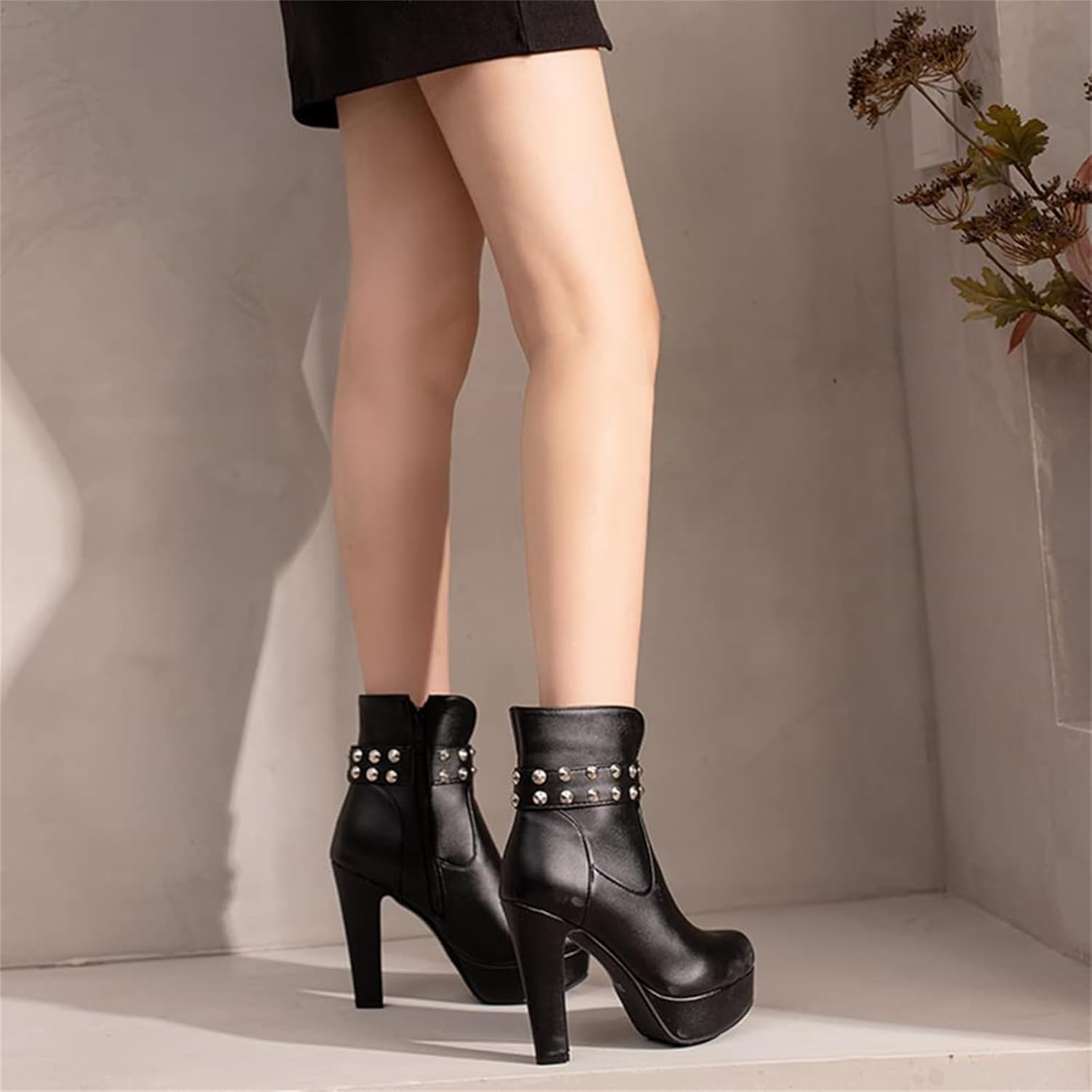 ZKXYFFS Women High Heel Ankle Boots Fashion Studded Ankle Strap Trim Punk Platform Chunky High Heels Goth Block Heel Combat Booties