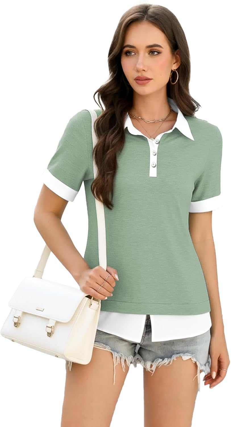 Disamer Womens Summer Tops Spring Fashion 2026 Short Sleeve Shirts Patchwork Button V Neck Tunic Tops Casual Work Blouses - Image 6