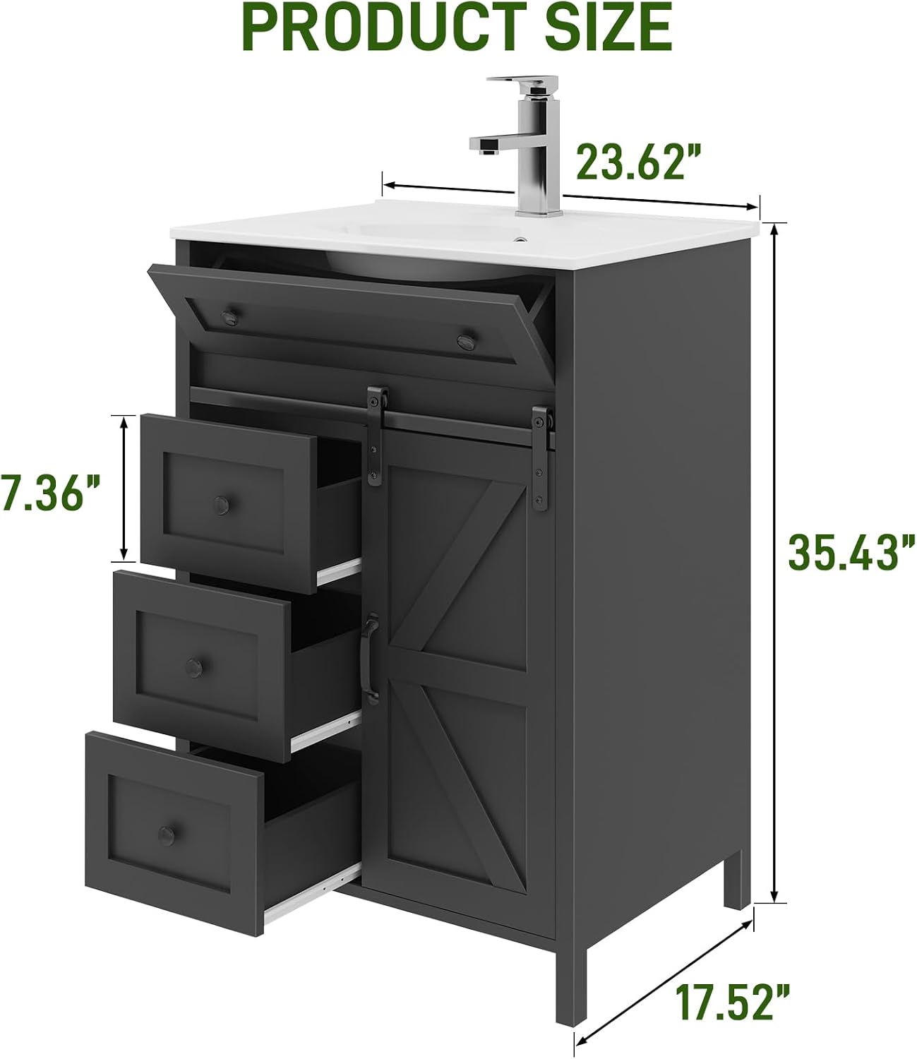 Vabches Bathroom Vanity with Sink Set, Freestanding Bathroom Storage Cabinet with Drawers and Sliding Door, Bathroom Cabinet with Sink and Matte Silver Faucet, Grey