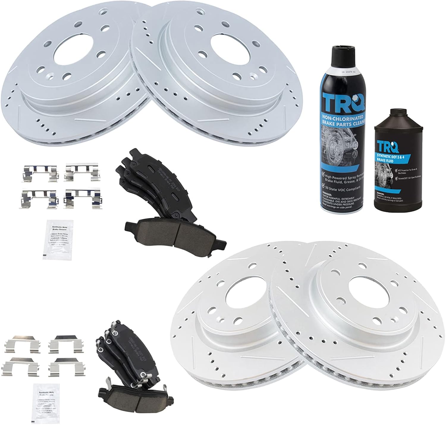 TRQ Front & Rear Brake Pad & Rotor Kit Performance Premium G-Coated Ceramic Slotted X Drilled Compatible with 07-16 Acadia 08-17 Enclave 07-10 Outlook 09-17 Traverse