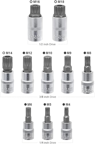 Miniatura 2 de DAKCOS XZN - Juego de llaves de vaso con ranura cuadrada triple, 10 unidades, color plateado M4 - M18, acero de aleación S2 premium, unidad de 14"