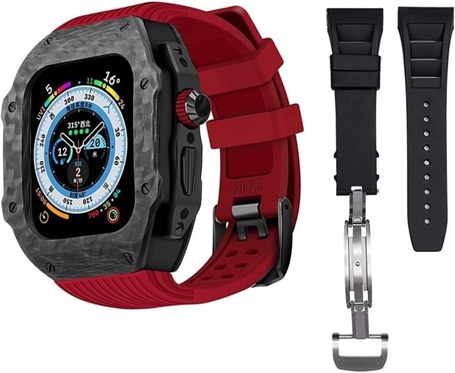 LSLYTQ Modification Kit Carbon Fiber Watch Case，For Watch Ultra 49mm with Silione Strap, Anti-dust Fluororubber Band Metal Buckle，For IWatch 8 7 6 5 4 SE 45/44mm Accessories