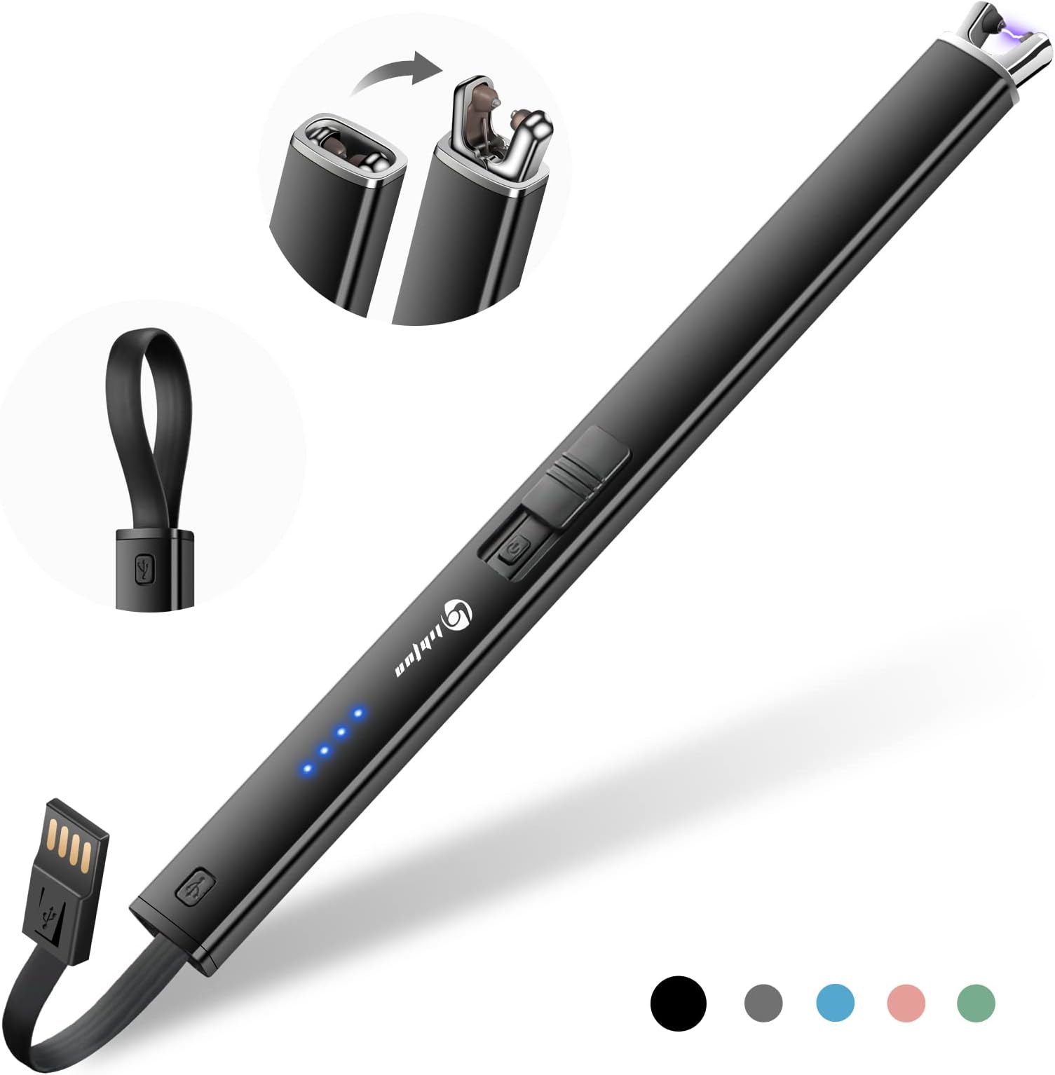 Candle Lighter, Windproof Electric Lighter with LED Battery Display Safety Lock, Flameless Rechargeable Lighter with Built-in USB Cable, Plasma Arc Long Lighter for Candle BBQ Camping Lighters