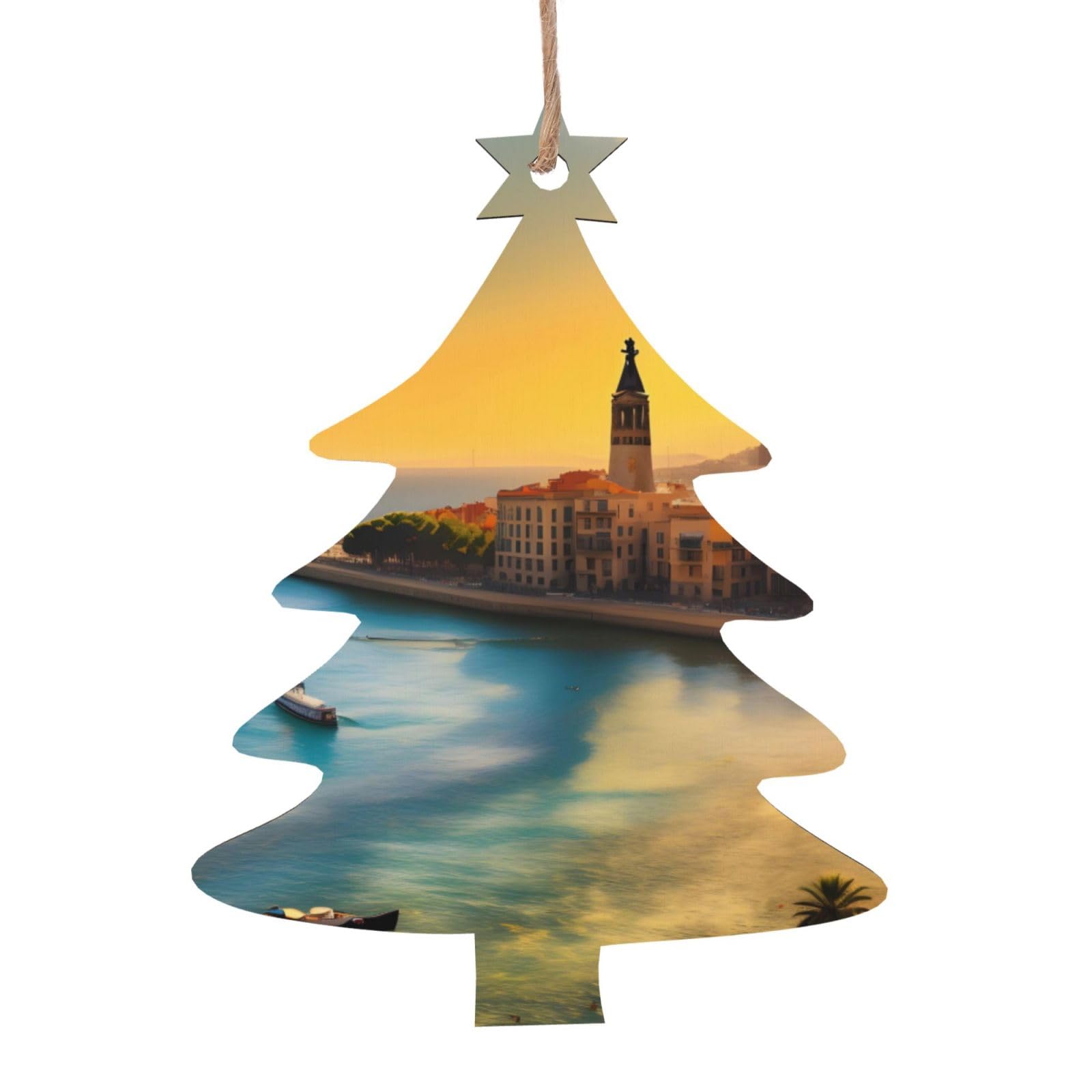Sunset in Barcelona Printed Christmas Wooden Pendants, Simple and Environmentally Friendly, Holiday decorationsã€‚