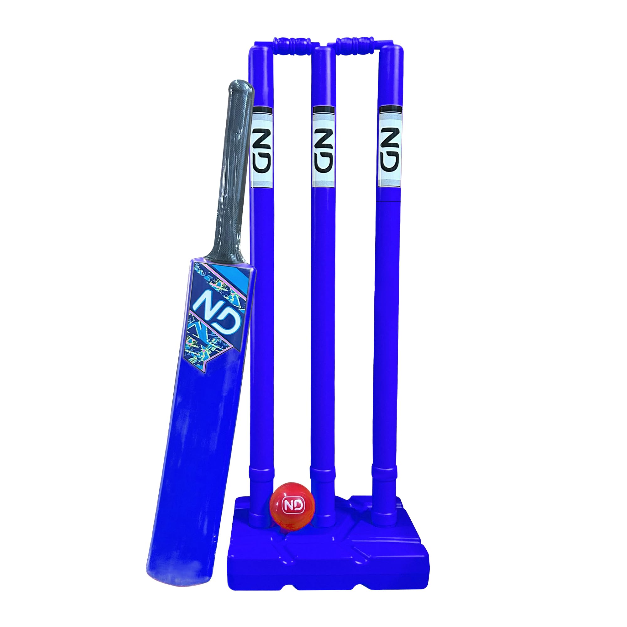 ND Sports Cricket Set, Plastic Cricket Bat, 3 Cricket Stumps with Base & Cricket Ball | Lightweight Durable Cricket Kit for Indoor & Outdoor Garden Games