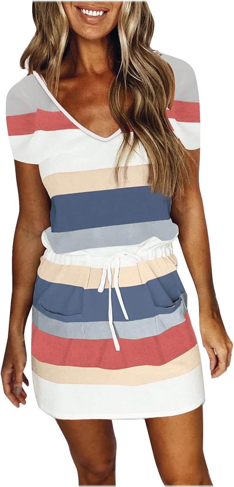 Stessotudo Summer T Shirt Dresses for Women Short Sleeve Drawstring Loose Fit Beach Dress Striped V Neck Casual Sundress