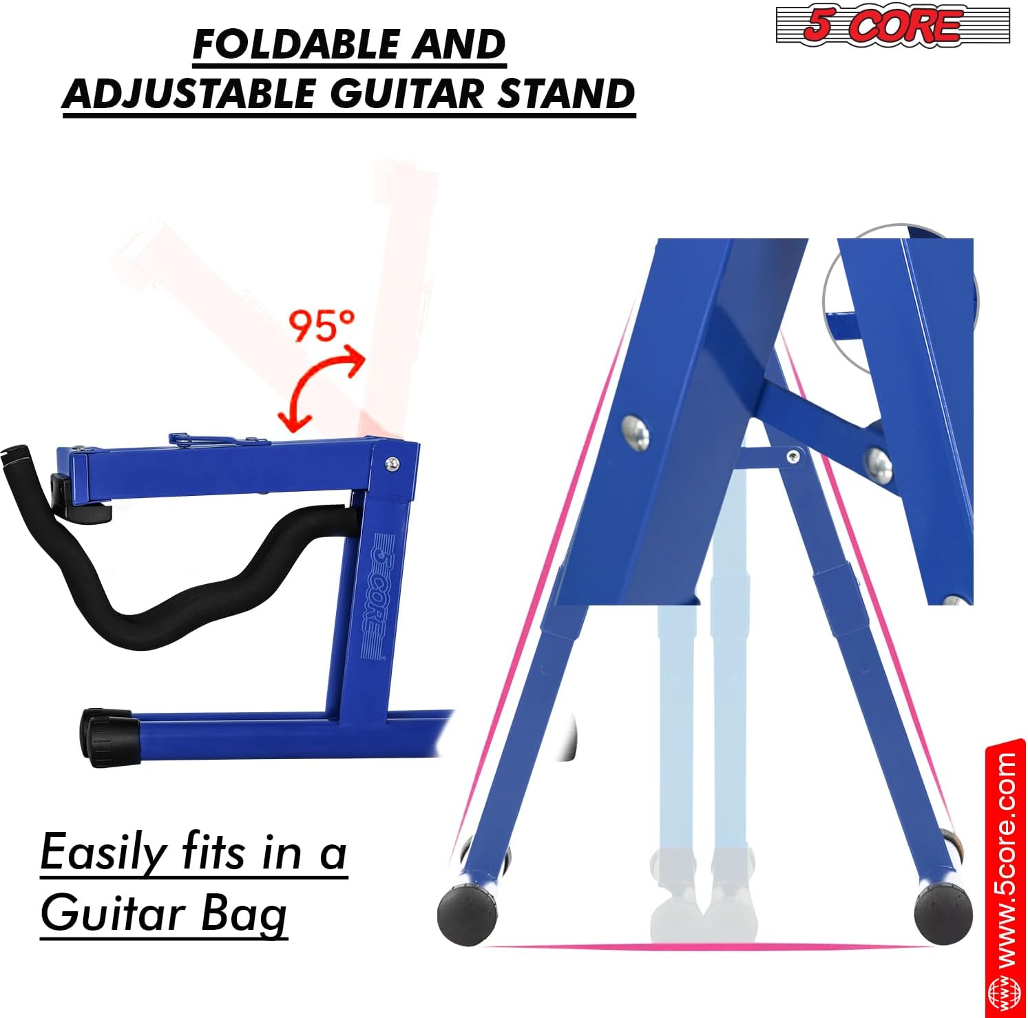 5 CORE Guitar Stand 2Pc A Frame w Soft Foam Arms Non-Slip Rubber for Acoustic Electric Bass Guitar Ukulele & Banjo Foldable Stand - GSS BLU 2PCS