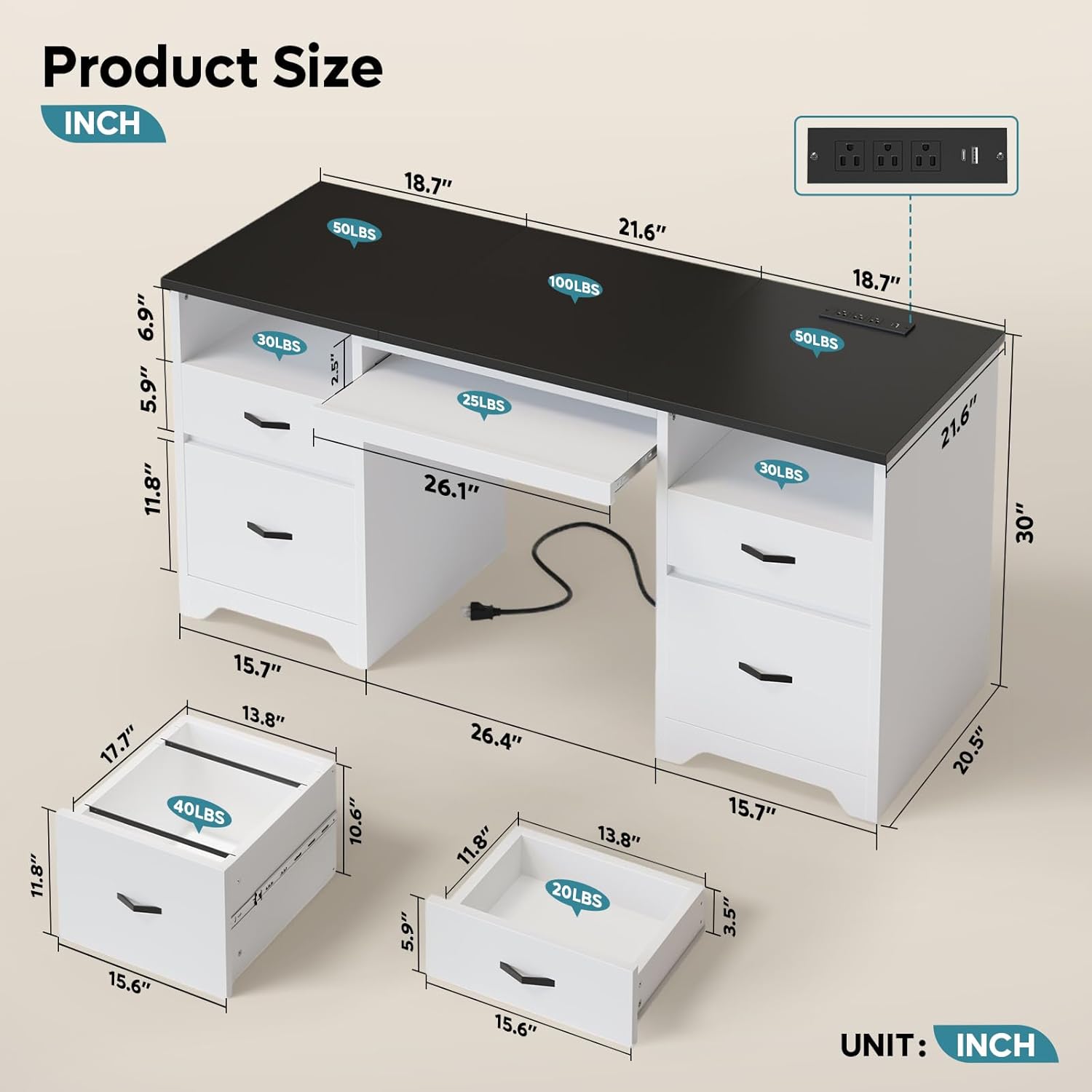 All components of the Bestier 59-inch Computer Desk laid out on a wooden floor, including panels, hardware, and instruction manual.