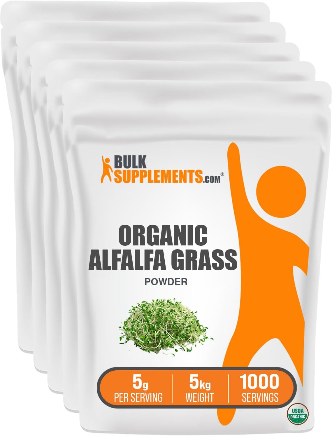 BulkSupplements.com Organic Alfalfa Grass Powder - Alfalfa Supplement, Green Superfood Powder, Alfalfa Powder Organic - Vegan & Gluten Free, 5g per Serving, 5kg (11 lbs) (Pack of 5)