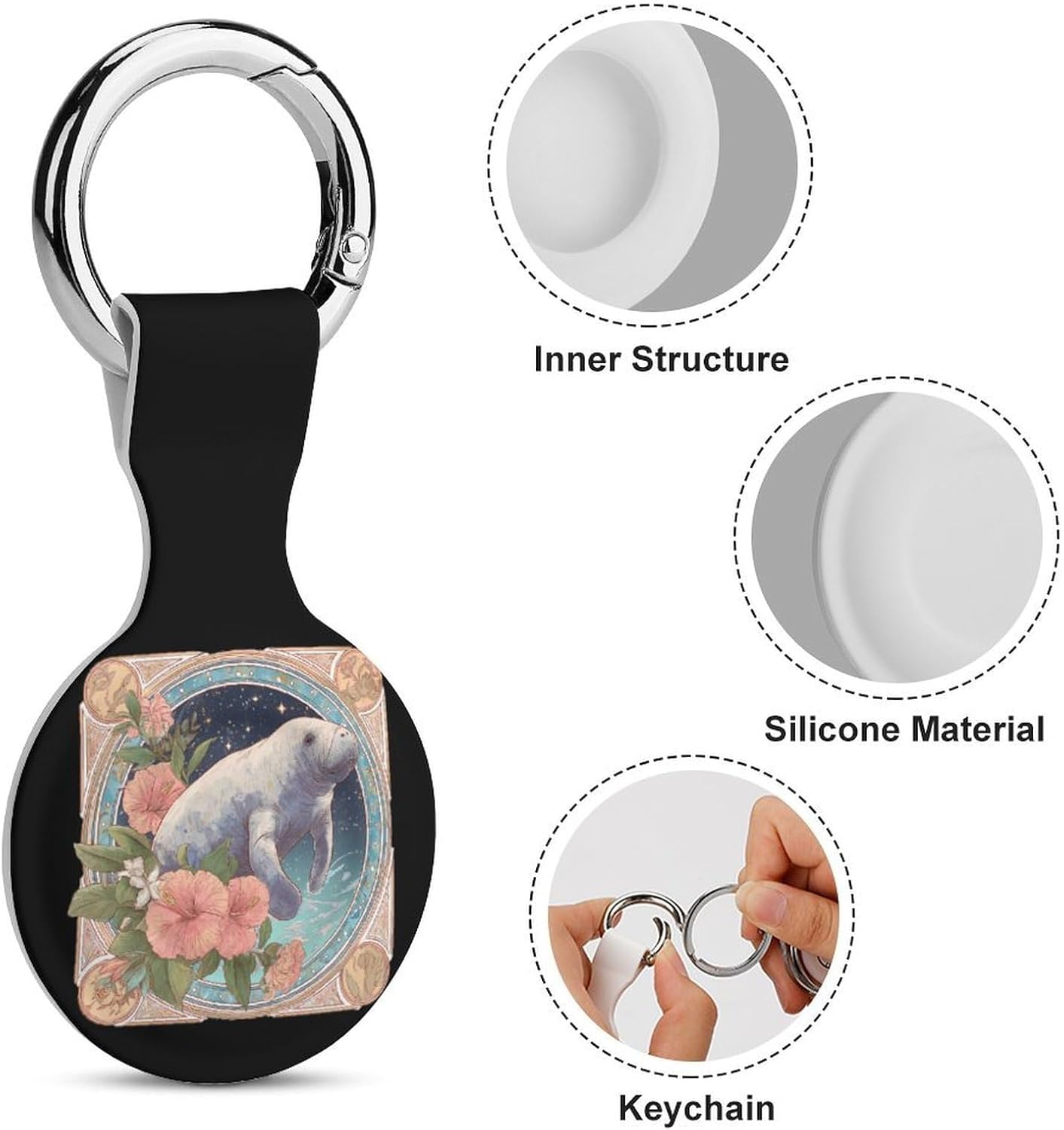 Manatees Hibiscus Flower Case Compatible with AirTag Holder Cover with Keychain Ring for Bags Luggages