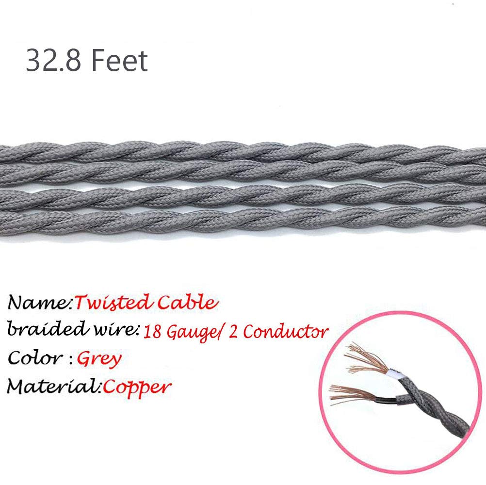 32.8 Feet Grey Twisted Cloth Covered Wire, Vintage Style Cloth Lamp Cord, for Hanging Pendants, Trouble Lights etc