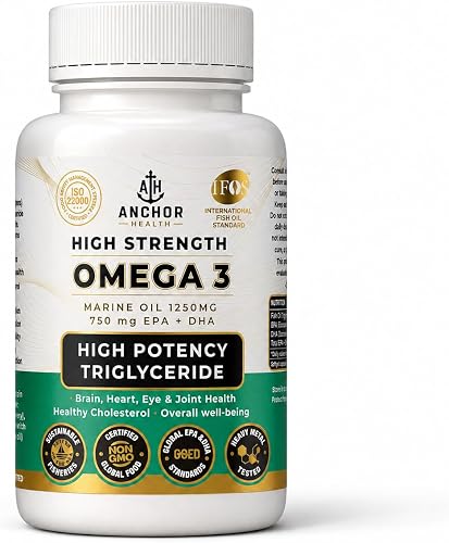 Omega-3 Marine Oil 1250 mg | 750 mg EPA & DHA (450 mg EPA + 300 mg DHA) | Triglyceride Fish Oil | Supports Heart, Brain, Joint & Eye Health | Sustainably Sourced | 60 Softgels