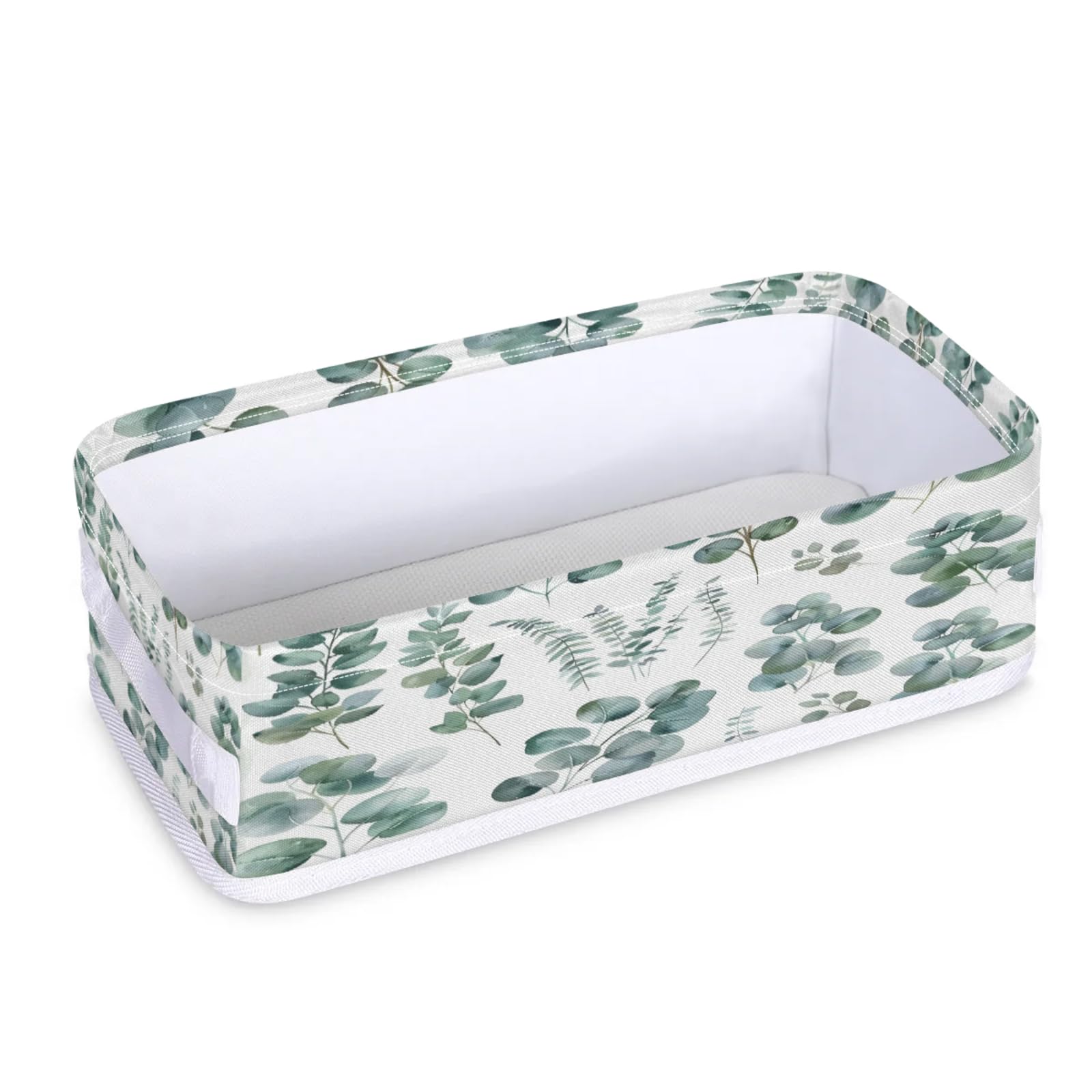 Tablerazzi Toilet Tank Topper Paper Basket with Handle, Green Eucalyptus Leaves Bathroom Storage Basket for Organizing, Eucalyptus Leaves Small Fabric Storage Bins for Bathroom Decor