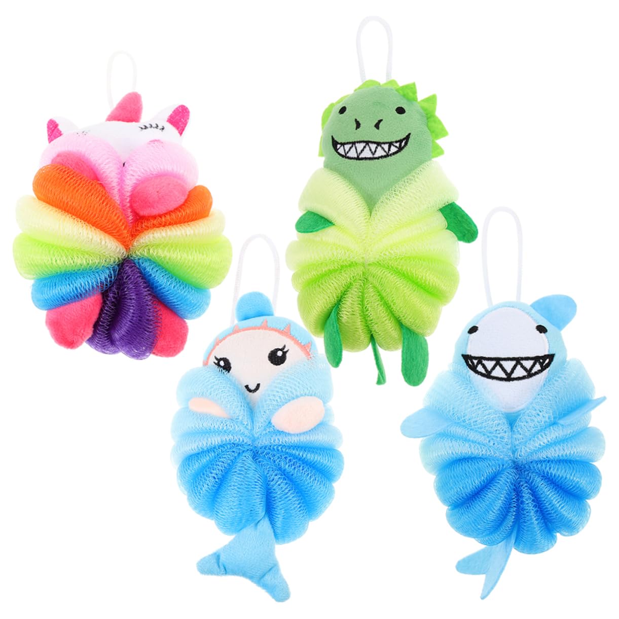 EPIGEIST 4Pcs Cartoon Exfoliating Bath Balls for Soft Loofah Sponge with Fun Designs Unicorn Shark Dinosaur Mermaid for Gentle Skin Cleansing and Bubble