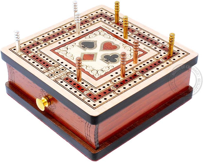 House of Cribbage 3 Track Cribbage Board Inlaid in Maple Wood/Bloodwood - Size: 5"x5" - Wood Inlaid Card Symbols (Suits) + Storage Drawer for Cribbage Pegs & Playing Cards