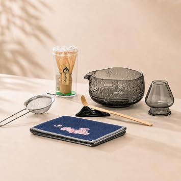 Buucup Matcha Whisk Set, Glass Matcha Kit with Bowl & Tools, Black Gray | 7-piece set includes glass bowl, bamboo whisk, scoop, holder, rest, sifter and tea towel for smooth matcha preparation.