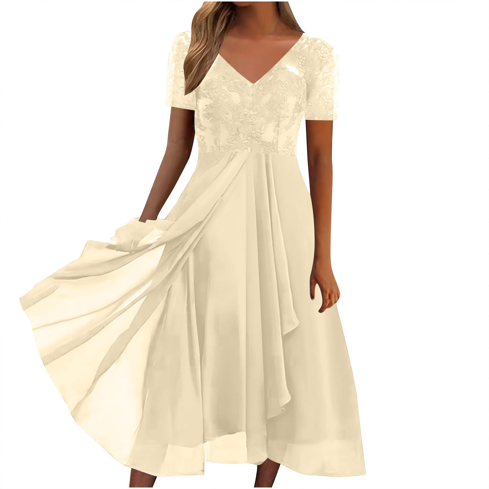 AMhomely Elegant Dress Women UK-Lace V Neck Cocktail Dresses,Plus Size Cap Sleeve Evening Gown,Ruffle Tiered Layers Dresses,Lace Patchwork V Neck A-line Dress,Holiday Vacation B Beige L
