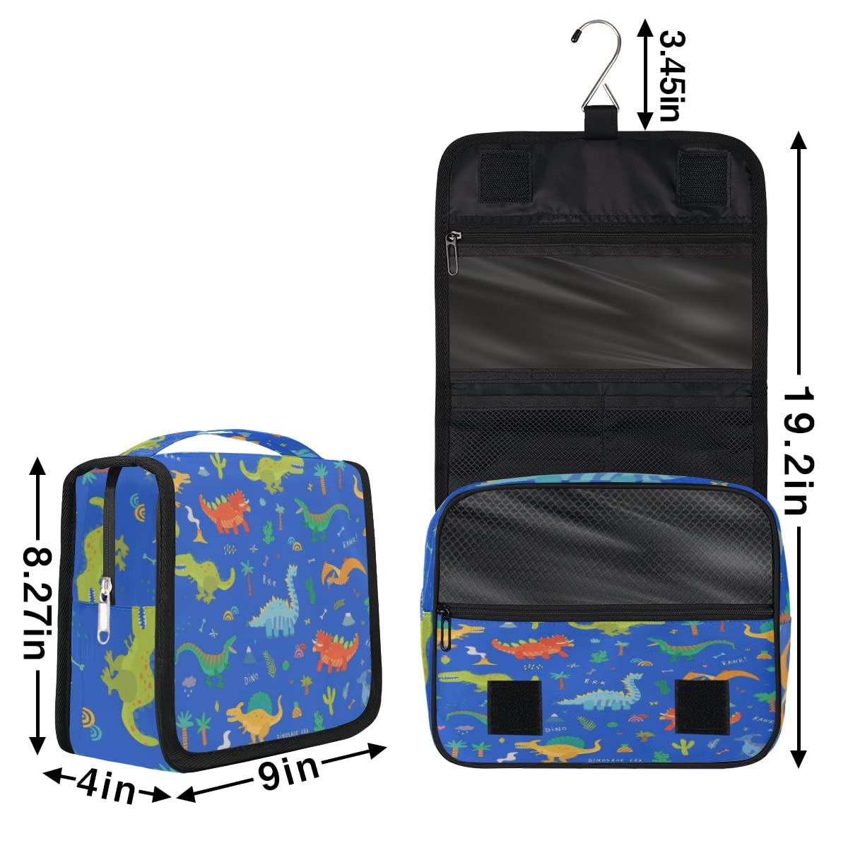 Dinozaur Podróżna Kosmetyczka Niebieski dinozaur Tło Mycie Torba Unisex Wiszące przybory toaletowe Kosmetyczka Organizer do makijażu, wielobarwny, Jeden rozmiar