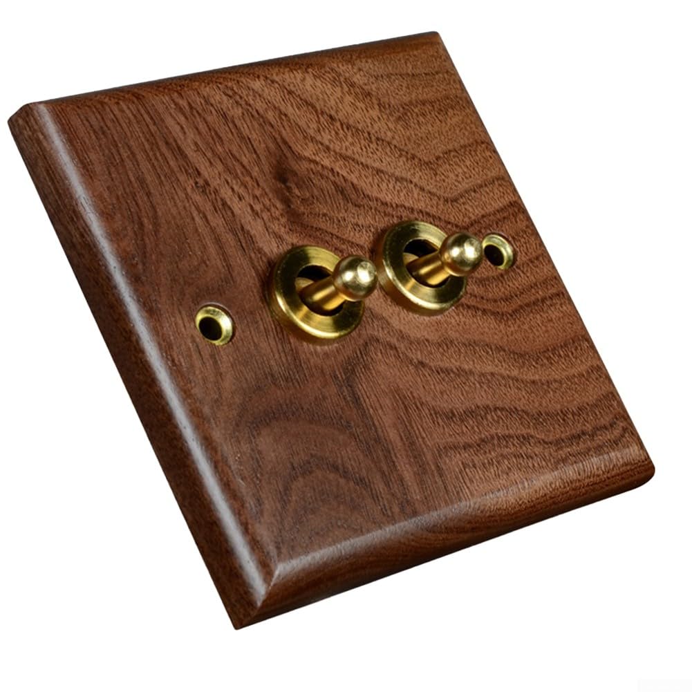 Retro Walnut Wood for TOGGLE Light Switch 1/2 Way Brass Lever Wall Plate 86x86mm Brown Decorative Electrical Outlet Switch for Home Improvement (2 Gang)