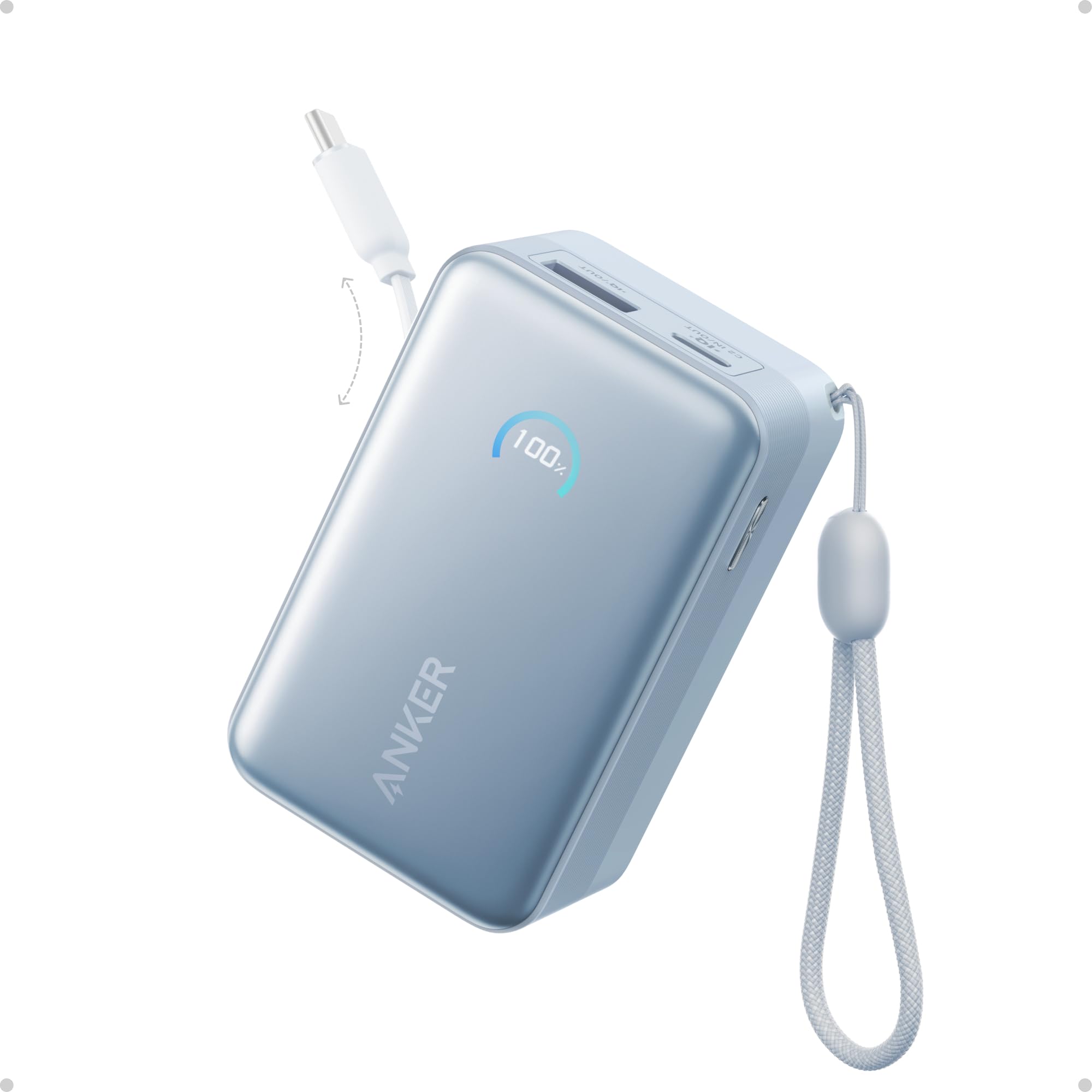 Powerbank Anker Nano, zewnętrzny akumulator 10 000 mAh z 70-centymetrowym zwijanym kablem Anker InstaCord, kompaktowa bateria o mocy maks. 45 W, inteligentny wyświetlacz