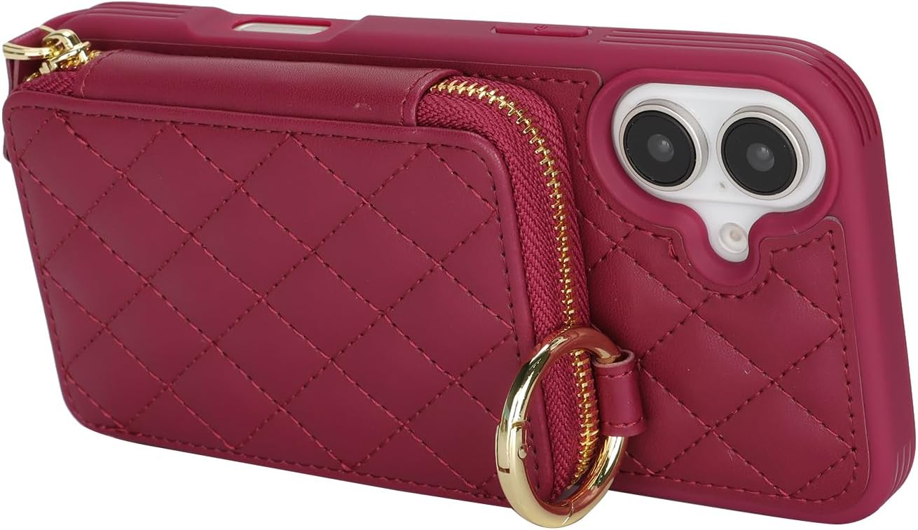 Crossbody Wallet Case for iPhone 16, PU Leather Zipper Handbag Purse Flip Cover, Kickstand Folio Case with Card Slots Holder Wrist Strap Lanyard 5G 6.1 Inch-Dark red